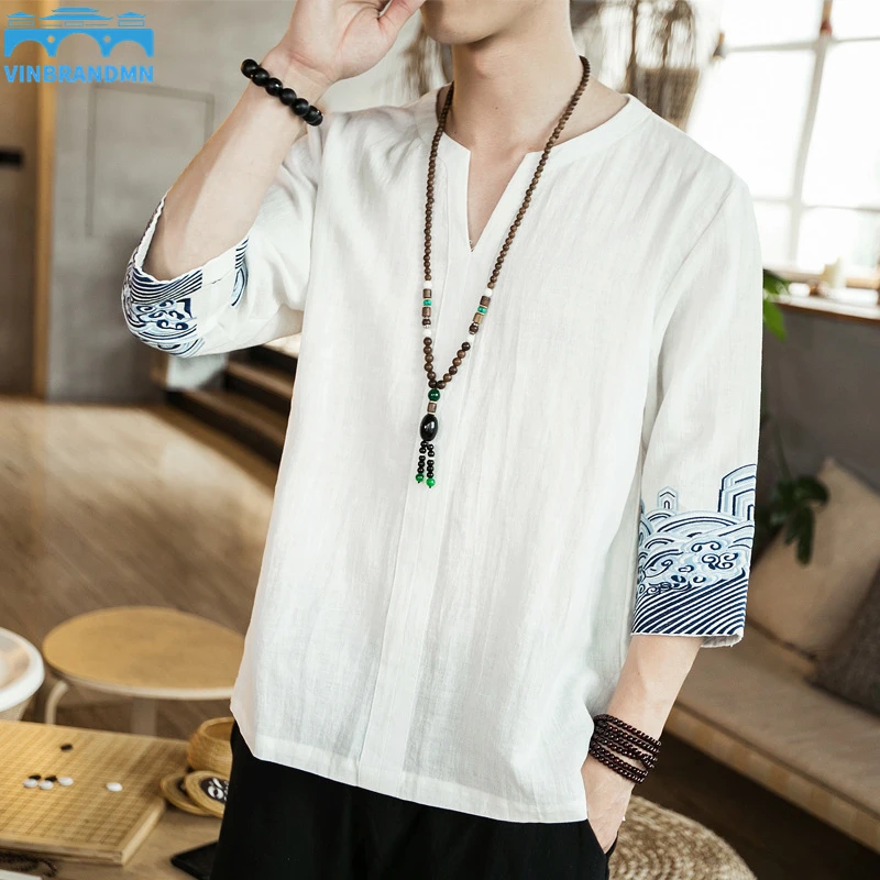 

Traditional Chinese Top for Man Retro V-neck Half Sleeve Hanfu Shirt Summer Wave Embroidery Men Tops Asian Harajuku T-shirt