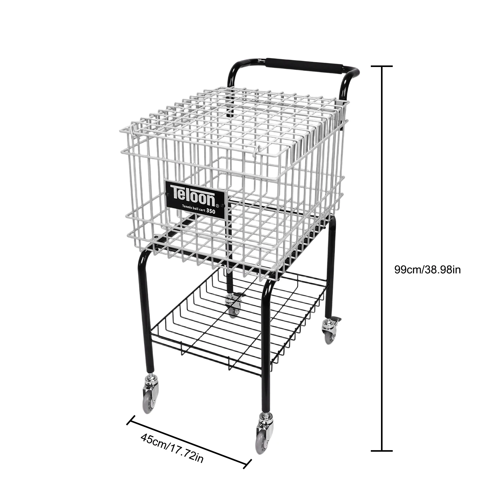 Tennis Teaching Cart with Wheel Wheeled Tennis Ball Hopper Holds 350 Balls Basket Carrier Gatherer Picker Hopper Container