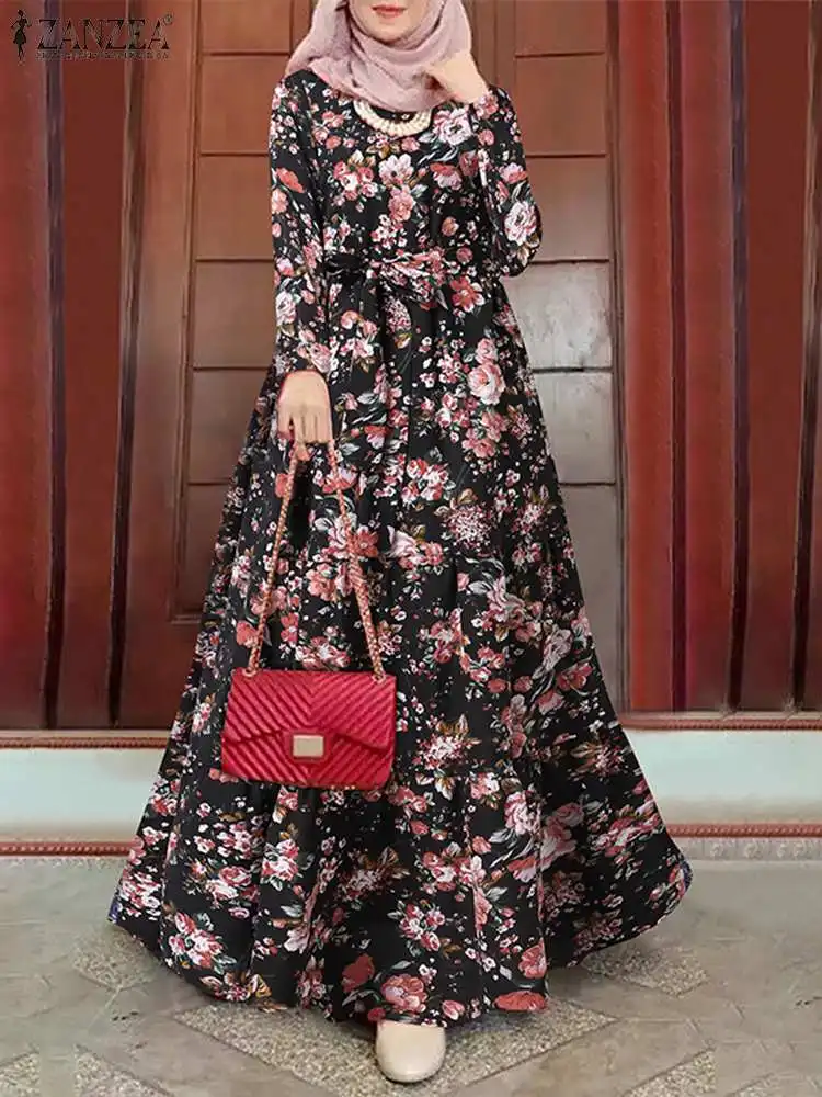 ZANZEA Long Sleeve O-Neck Floral Print Islamic Clothing Muslim Women Dress Elegant Casual Vintage Turkey Hijab Robe Ramadan 2023