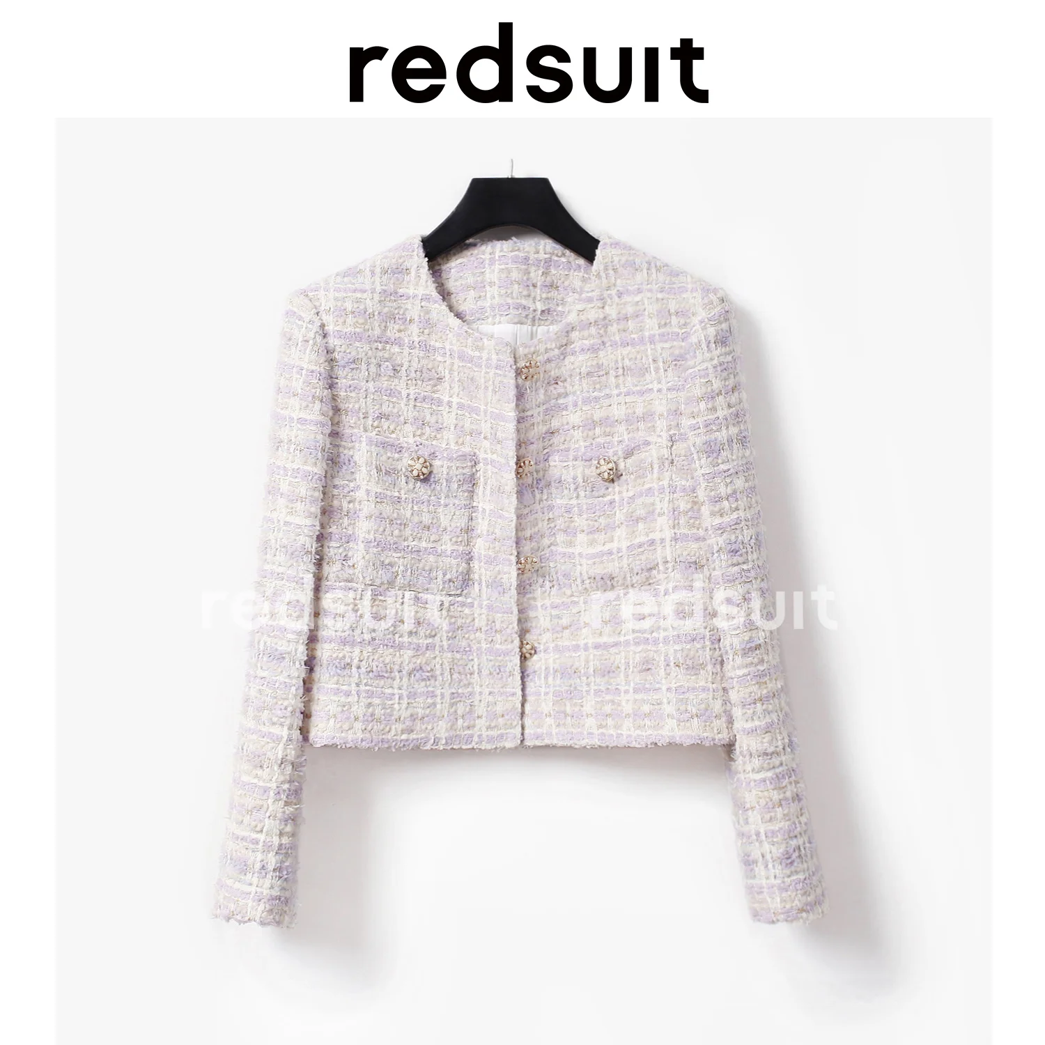 

Gentle Temperament, Gentle and Sweet Little Fragrance Jacket, Petal Button Round Neck, Purple Plaid Top, New