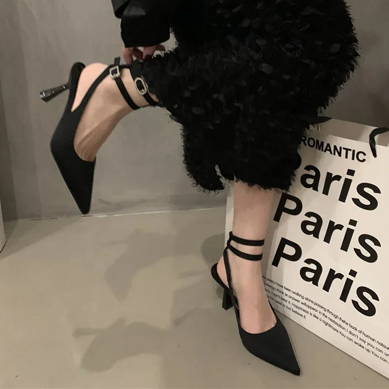 Slingbacks High Heels Pumps Women 2023 New Pointed Toe Thin Heeled Party Shoes Woman Solid Color Ankle Buckle Summer Sandals