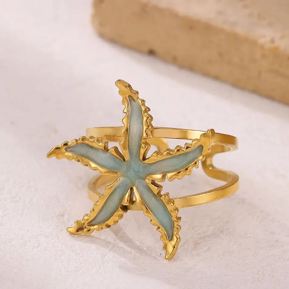 Black Enamel Starfish Rings / Stainless Steel Starfish Adjustable Ring