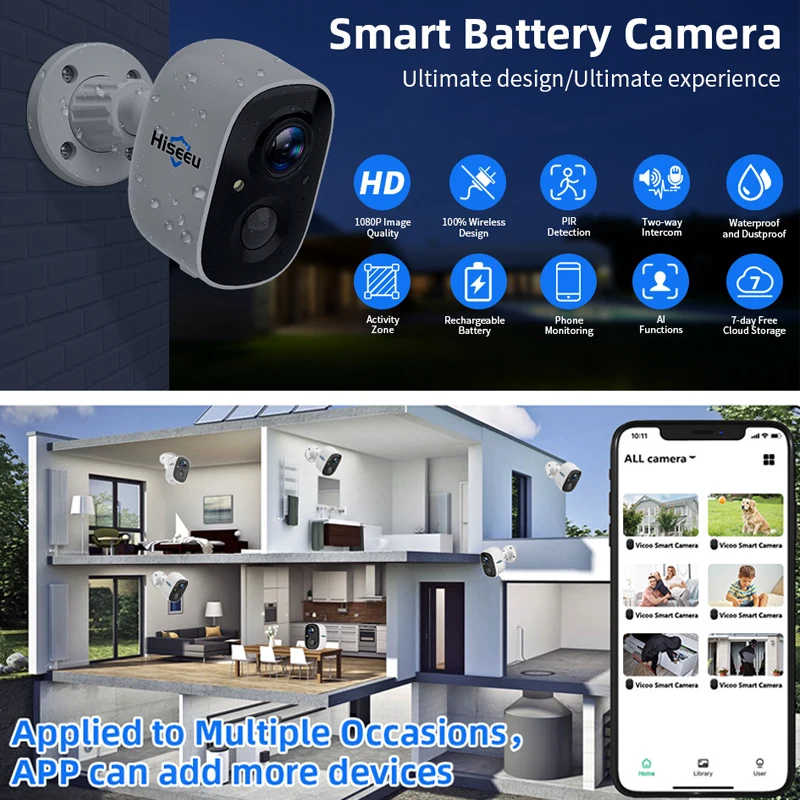 

Беспроводная уличная Водонепроницаемая камера Hiseeu 1080P с 2-сторонним аудио и защитой от атмосферных воздействий, с Wi-Fi монитором и HD зарядным устройством