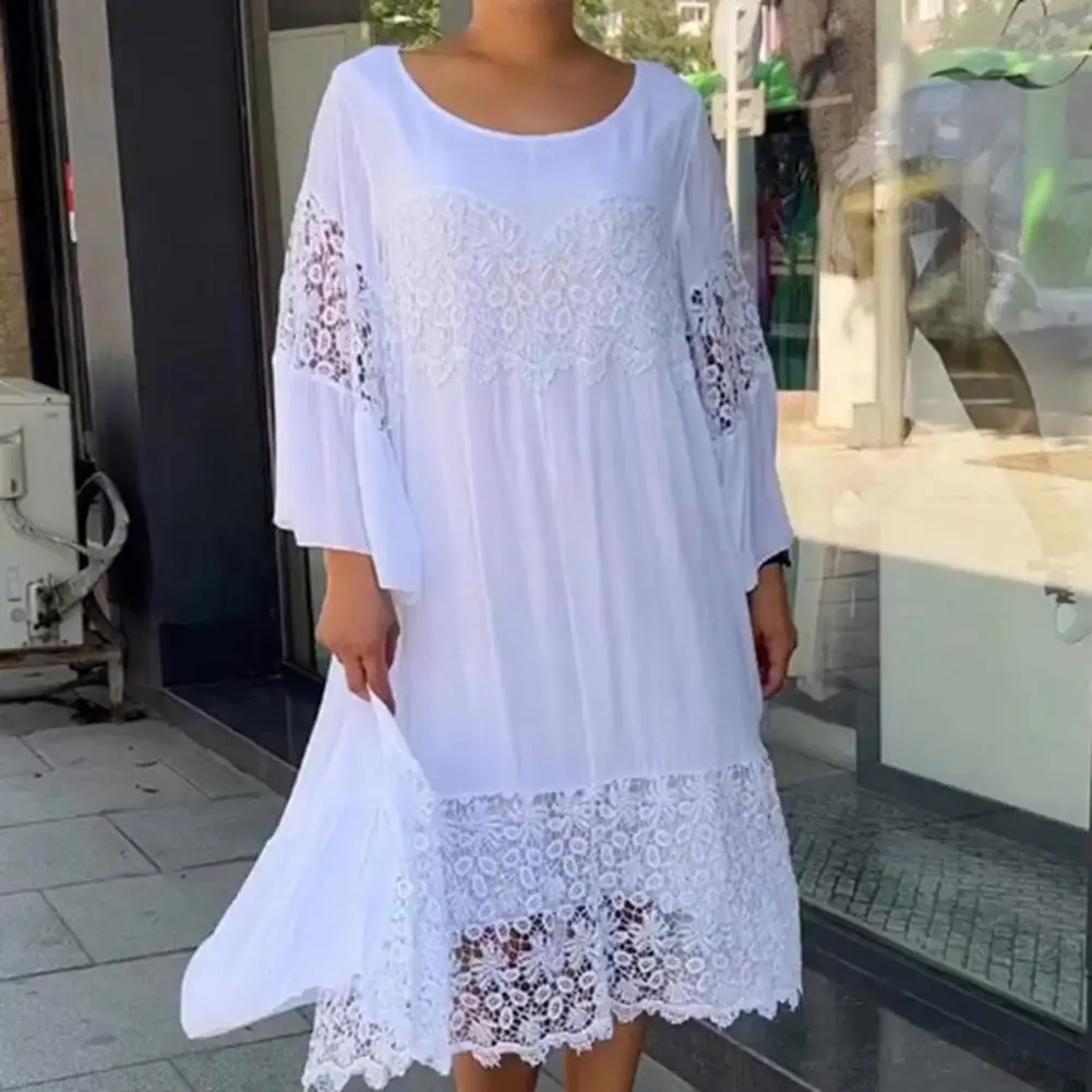 

Lace Stitching Long-sleeve Dress Elegant Lace Stitched Midi Dress Women's Loose Fit Casual Party Dress with 3/4 Sleeves O-neck