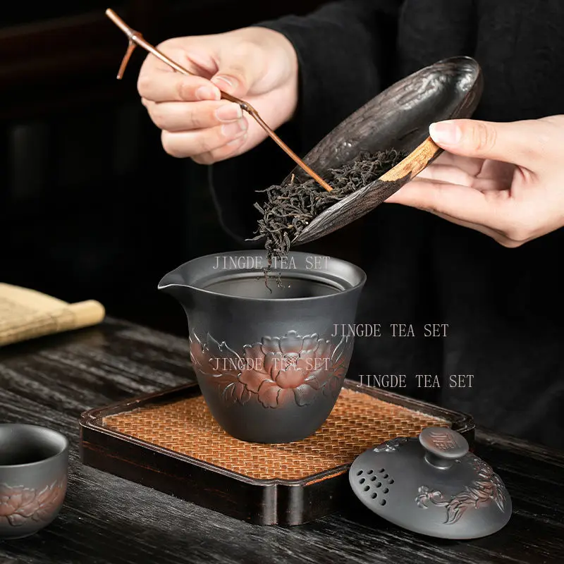 1 set of purple pottery covered bowl teapot, household ceramic large capacity carved tea set, tea brewing set