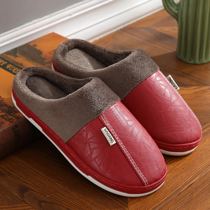 Chaud chaussons pour hommes hiver décontracté intérieur imperméable en cuir PU femmes maison coton chaussures fourrure plat coton chambre Houseshoes