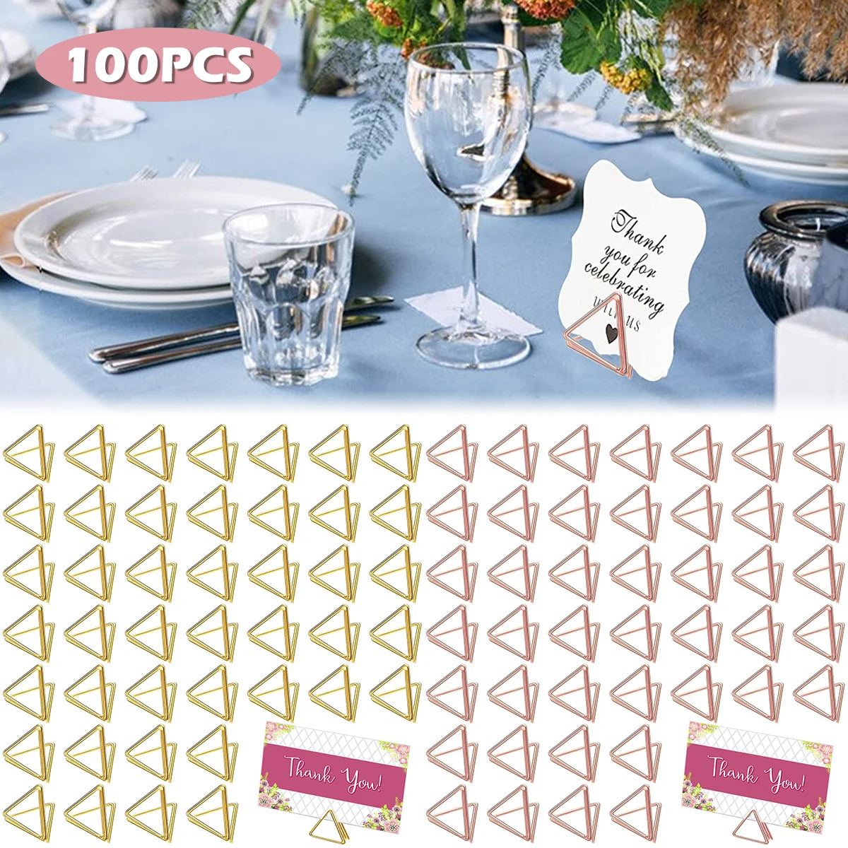 100Pcs Table Card Holder Triangle Shape Card Stand Clip Metal Table Number Holders Place for Wedding Party Office Desk