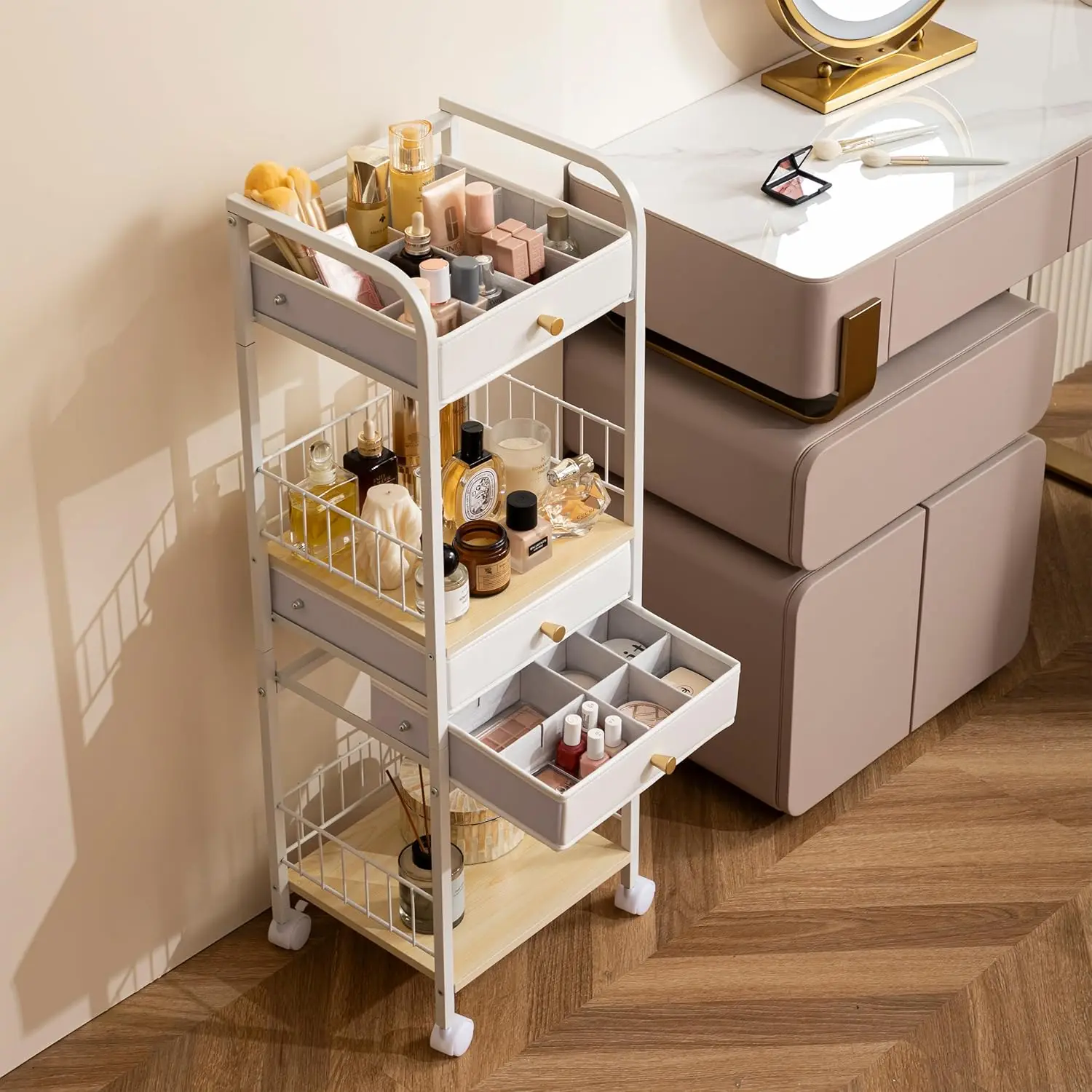 HBlife Floor Makeup Organizer Storage Cart, Make Up Organizers with Drawers, Vanity Cosmetics Display Cases Holder for Skincare 5