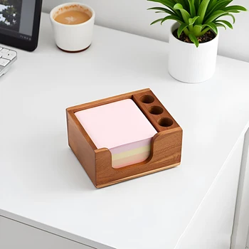 Organizer da Scrivania in Legno con 3 Portapenne, Portablocco Adesivi, Portamatite, Portaoggetti Multifunzione per Ufficio e Scuola
