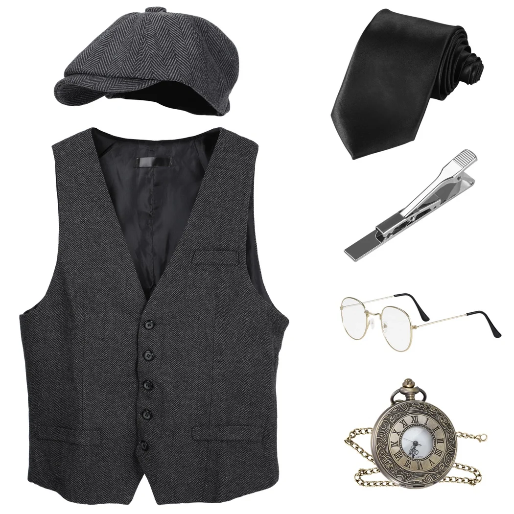 

6Pcs/Set 1920s Men’S Costume Accessories Set High-quality 1920s Men’S Gatsby Vest Newsboy Suit Hat Pocket Watch Glasses Tie Clip