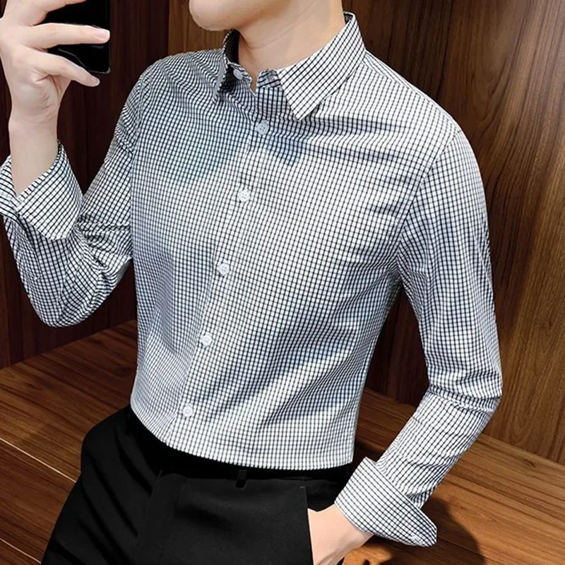 

Fashion Lapel Button Business Lattice Shirts Men's Clothing 2023 Autumn New Oversized Casual Tops Loose Korean Shirt