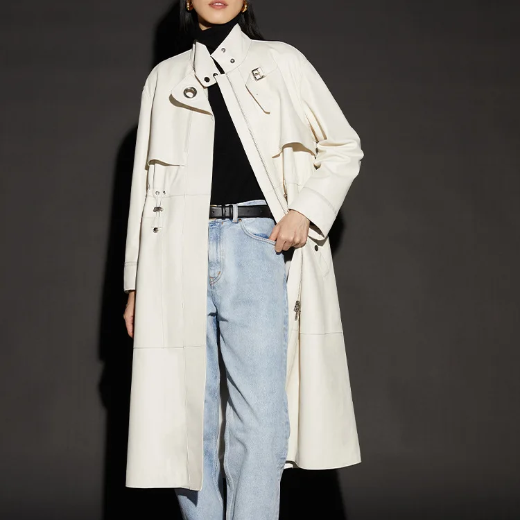 

2023 New Genuine Sheepskin Leather Coat Drawstring Versatile Zipper Real Sheep Leather Windbreaker E59