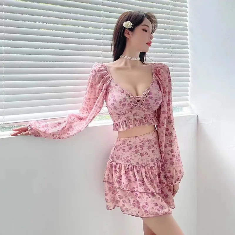 

Women Swimsuits 2 Pieces Set Solid Long Sleeve Blouse Backless One-pieces Swimwear Summer Beachwear Push Up Bathing Suit