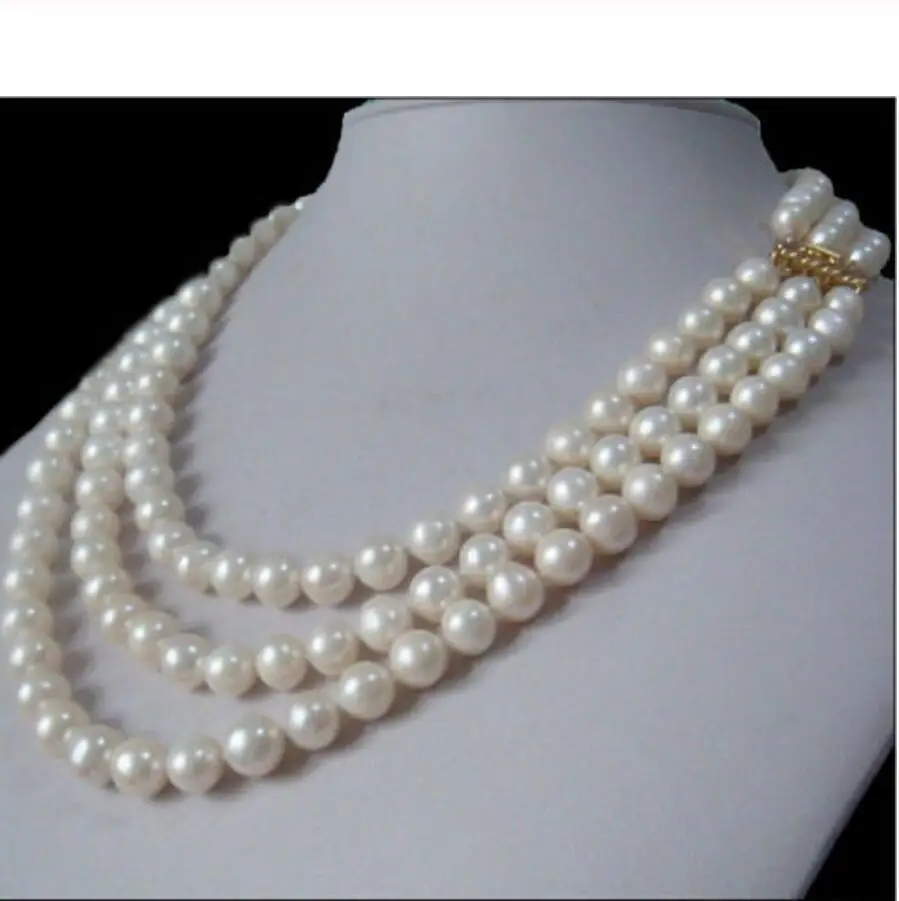 

triple natural 8-9mm south sea white pearl necklace 17inch18inch 14k/20