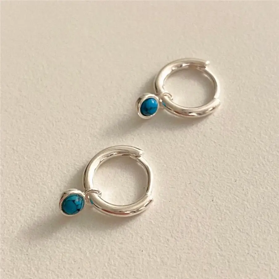 100% 925 Sterling Silver Turquoise Geometric Earring for Women Girl Simple Fashion Design Jewelry Party Gift Dropshipping