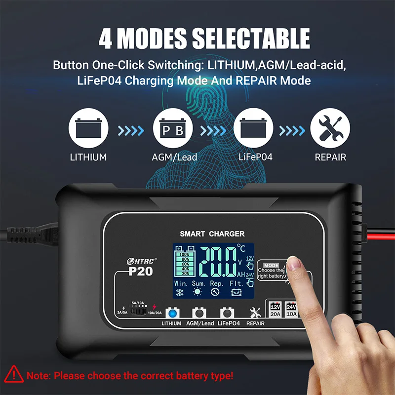 HTRC P20 20A 12v-24v Car Smart Battery Charger For Motorcycle Battery Repair Auto Moto Lead Acid Agm Lithium Lifepo4 Batteries