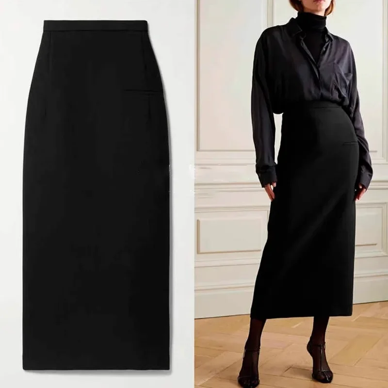

Autumn Winter New Commuter Style High Waist Black Mid-length Slim Skirt