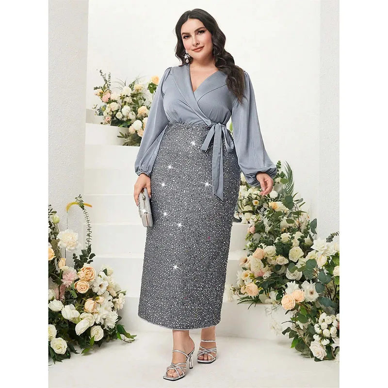 

Exquisite Gray Sequined Mother Of The Bride Dresses Long Sleeves Wedding Guest Dress Ankle-Length Sheath V-Neck Evening Gowns