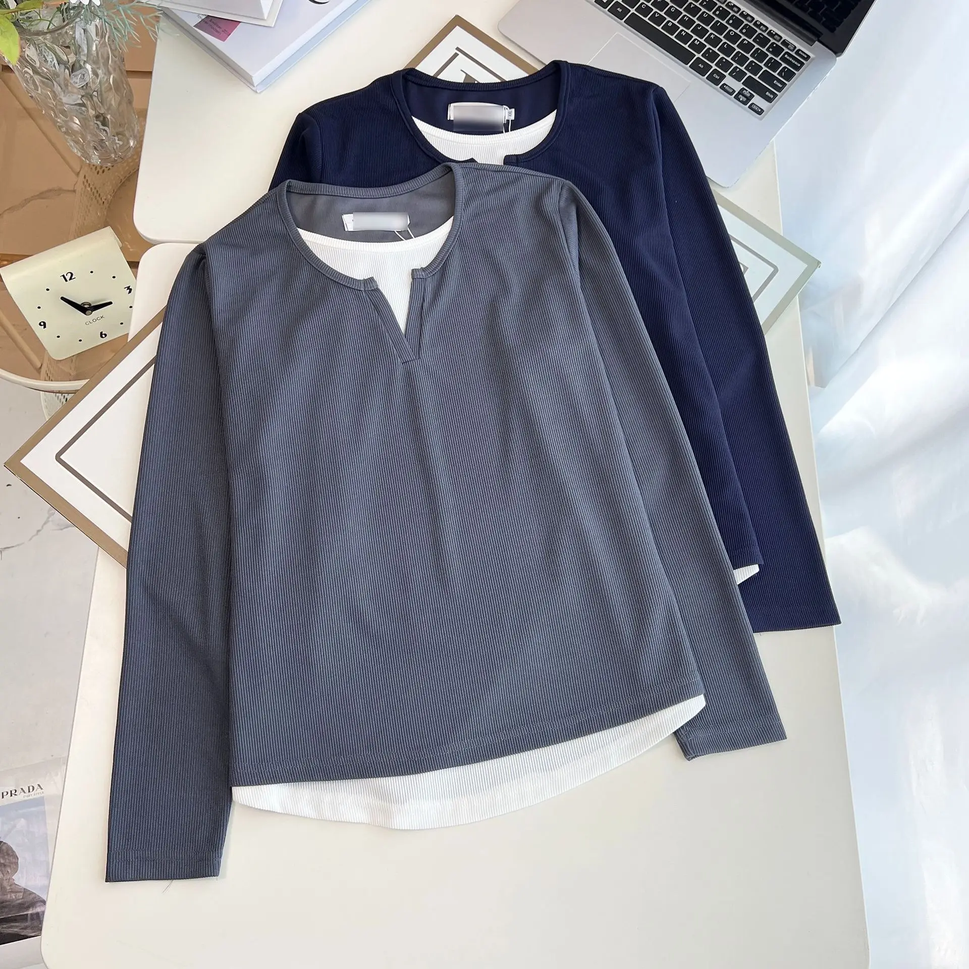 Fashion Plus Size Women's T-Shirt Classic Fake Two Pieces Long Sleeve Autumn Casual Tops 1711