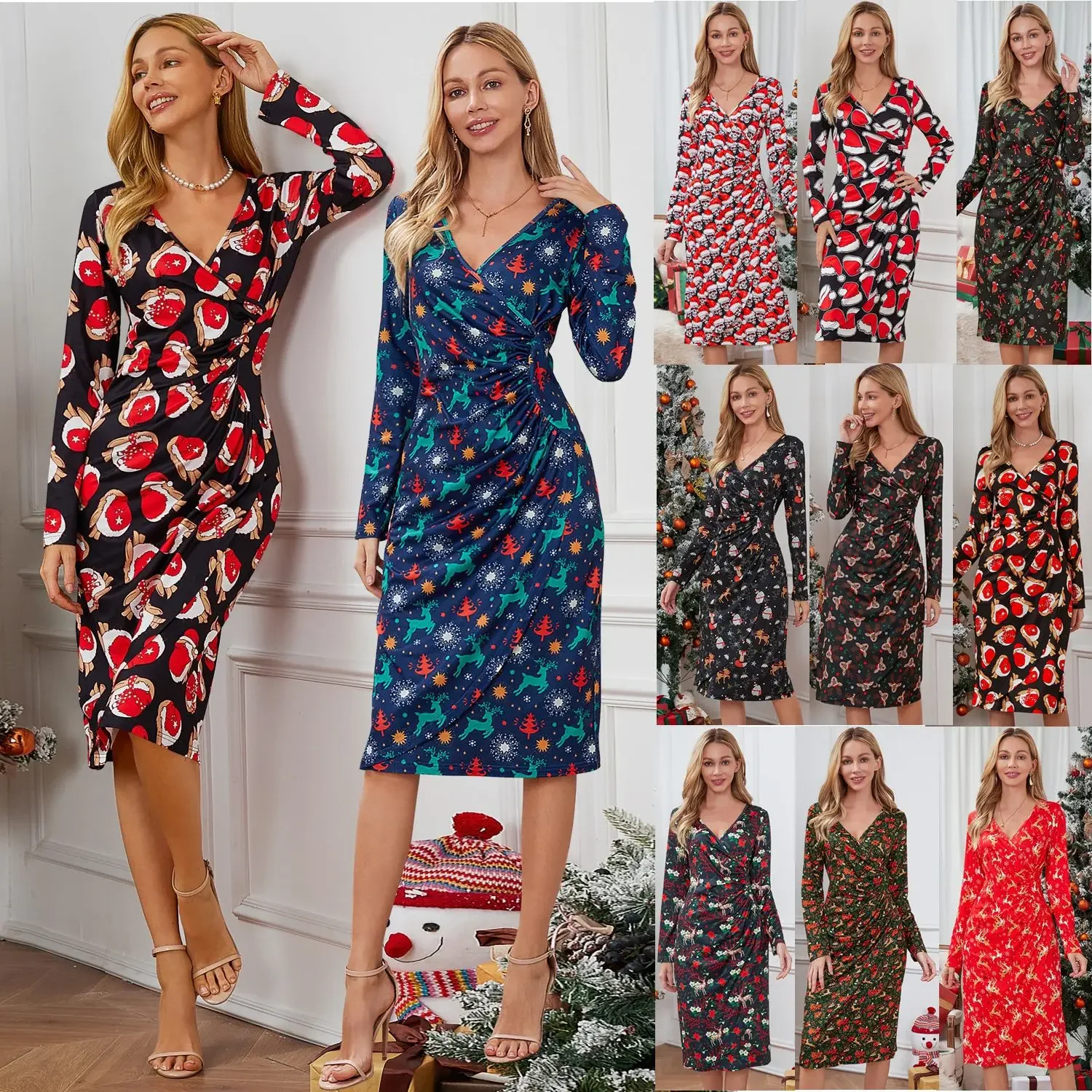 

Women's Slim V-Neck Christmas Print Dress, Slim Skirt, Plus Size, European and American, Autumn and Winter