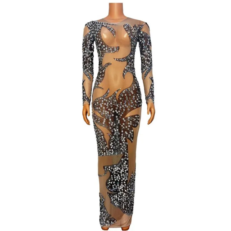 

Women Singer Stage Transparent Gown Dance Costume Print Shiny Rhinestones Mesh Skinny Long Dress Birthday Prom Festival Clothes