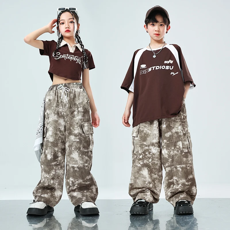 

Детская одежда для выступлений в стиле хип-хоп, футболка, повседневные камуфляжные брюки-карго, уличная одежда для девочек и мальчиков, костюм для джазовых танцев, одежда для шоу