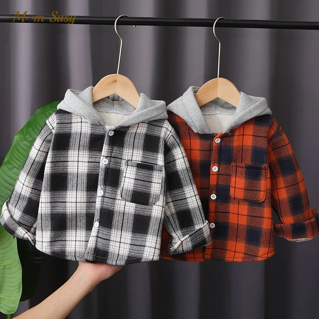 Fashion Baby Boy Girl Plaid Hooded Fleece Shirt Infant Toddler Child Thick Coat  Spring Autumn Winter