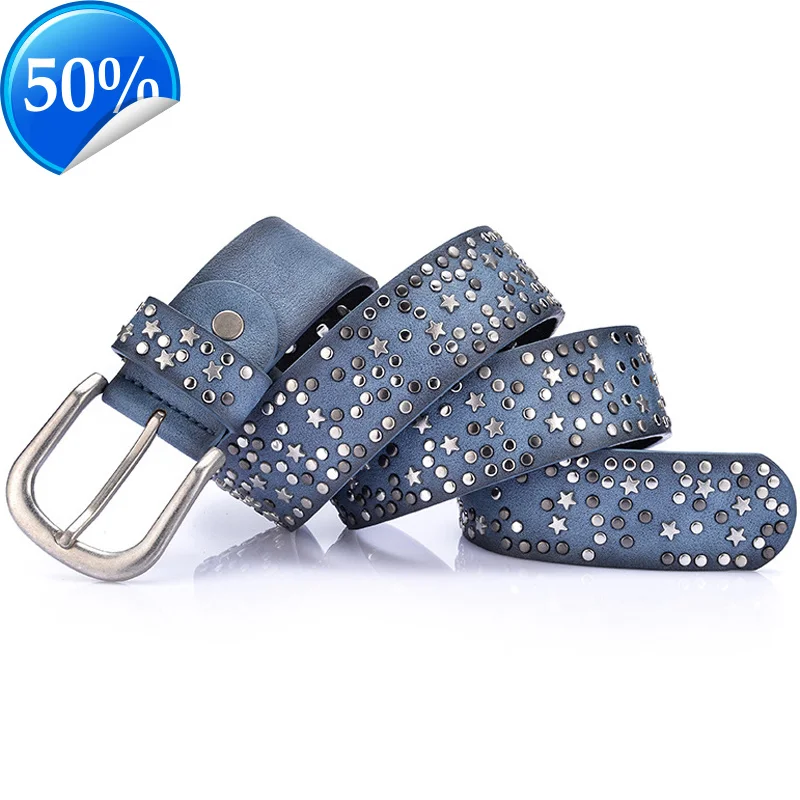 

New Fashion Women's Rivet Belts Punk Rock Style Male Belt For Lady PU Leather Sequins Metal buckle Wide Star bead