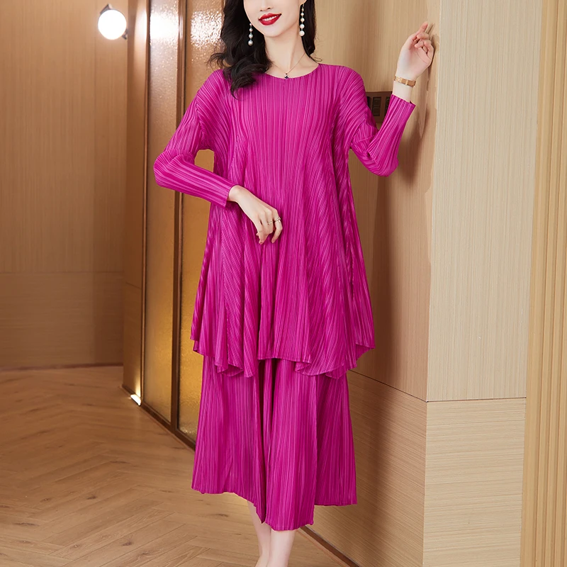 2024 Summer New Printed Corn Fold Long Sleeve T-Shirt+Fashion High Waist Pleated Skirt Women's Vintage Set Two-Piece