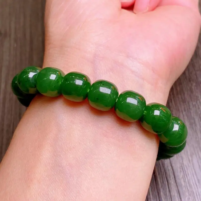 

Certified Green Jade Bracelet Natural Stone Jewelry Men Women Genuine Chinese Hetian Jades Nephrite Barrel Bead Elastic Bracelet