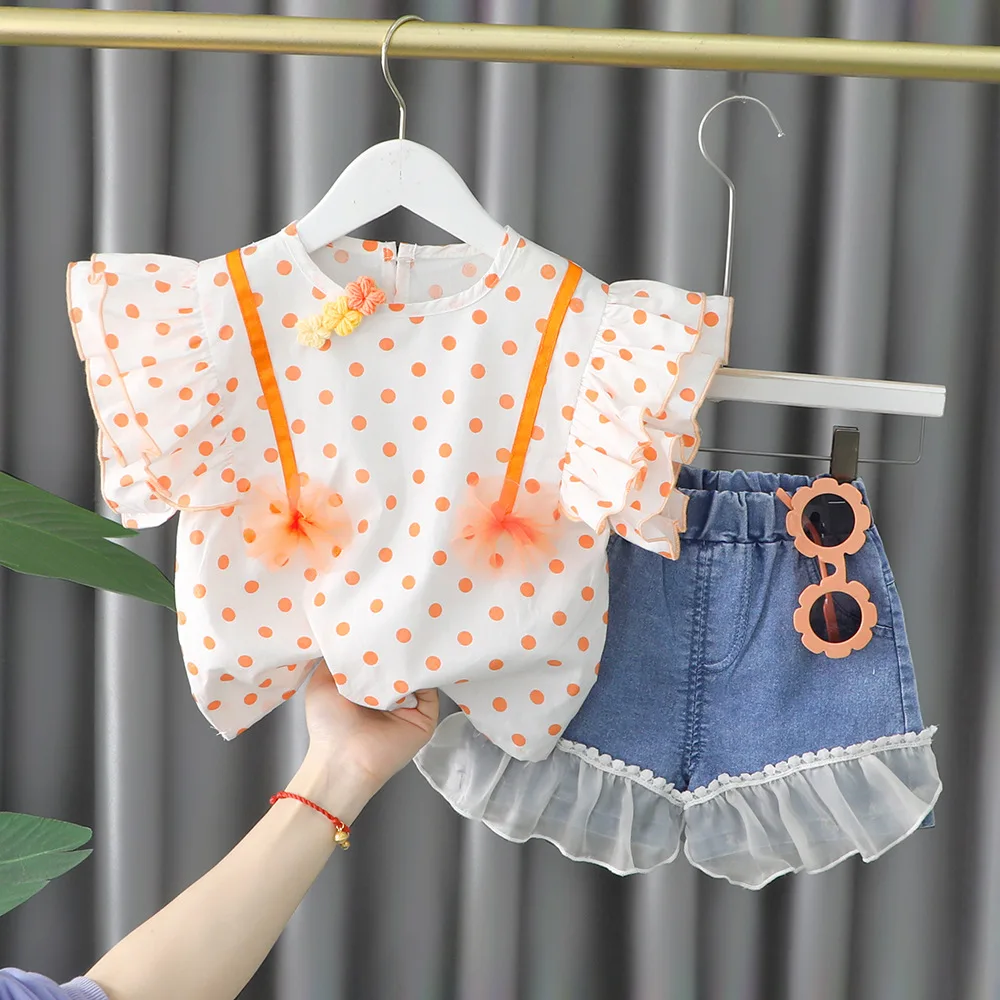 Summer newborn baby girl clothes outfits sets polka dot T-shirt denim shorts suit costume for girls baby cloth 1st birthday sets baby clothing set long sleeve	