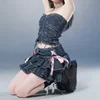 Blue Denim Pleated Skirt Bow Fold Design Women's A-line Short Skirt Built in Shorts American Spicy Girl Korean Fashion Hotsweet 4