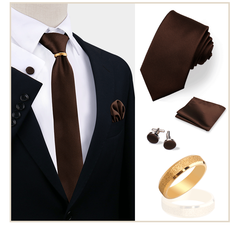 Luxus-Krawattenset in Uni-Farbe für Herren, Krawatte, Taschentuch, Manschettenknöpfe mit goldenem Metallring, Brosche, Anzug, Hochzeit, Herren-Accessoires – Detail 33