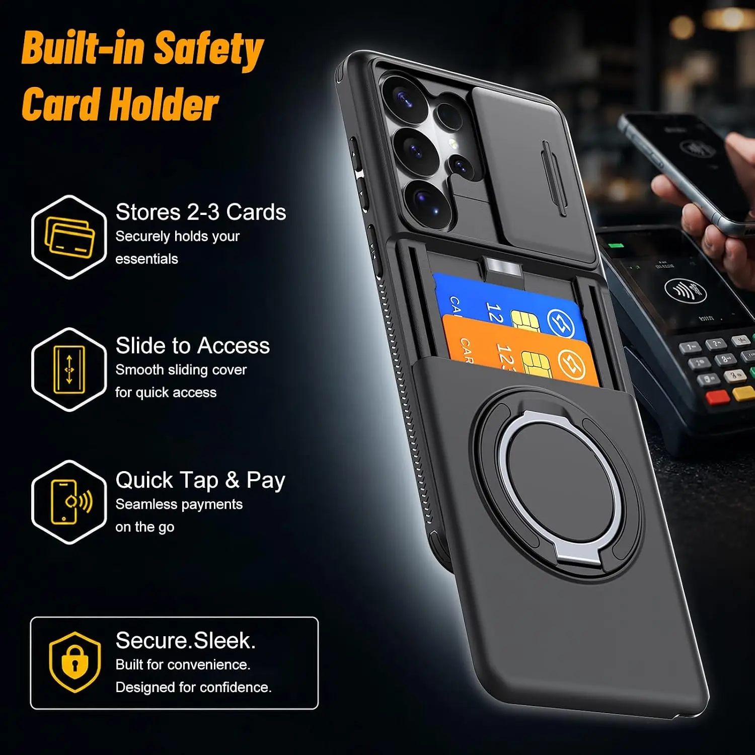 Enhanced Shockproof Protective Case with Slide Camera Cover, Rotating Ring Kickstand, and Card Holder