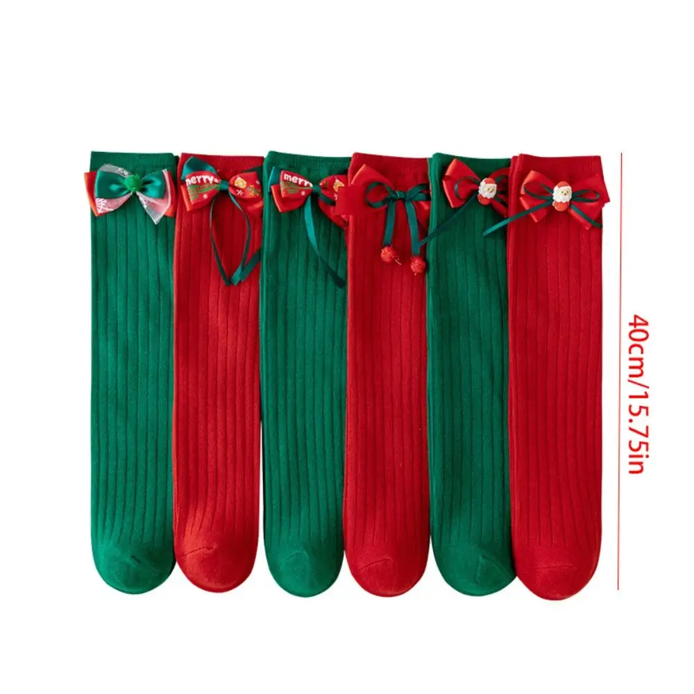 Casual Middle Tube New Year Red Socks Cotton Thicken Bow Hosiery for Kids Green Sweet Children Long Socks Autumn