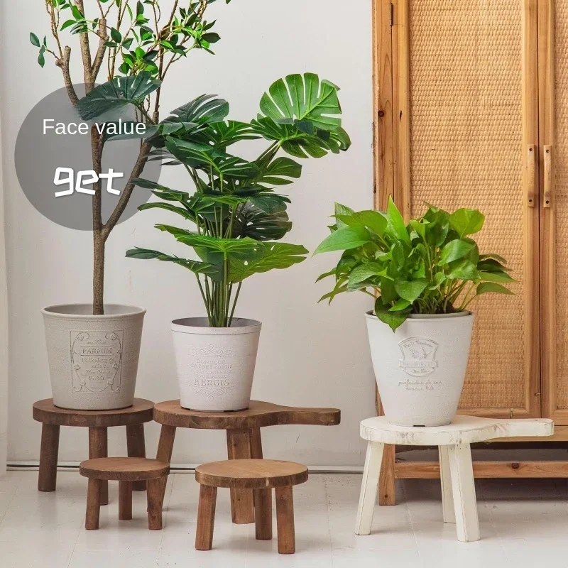 Simple Ground Flowers Wooden Tray Round Solid Wood Plant Stand Indoor Large Planter Holder Mobile Flowerpot Stand