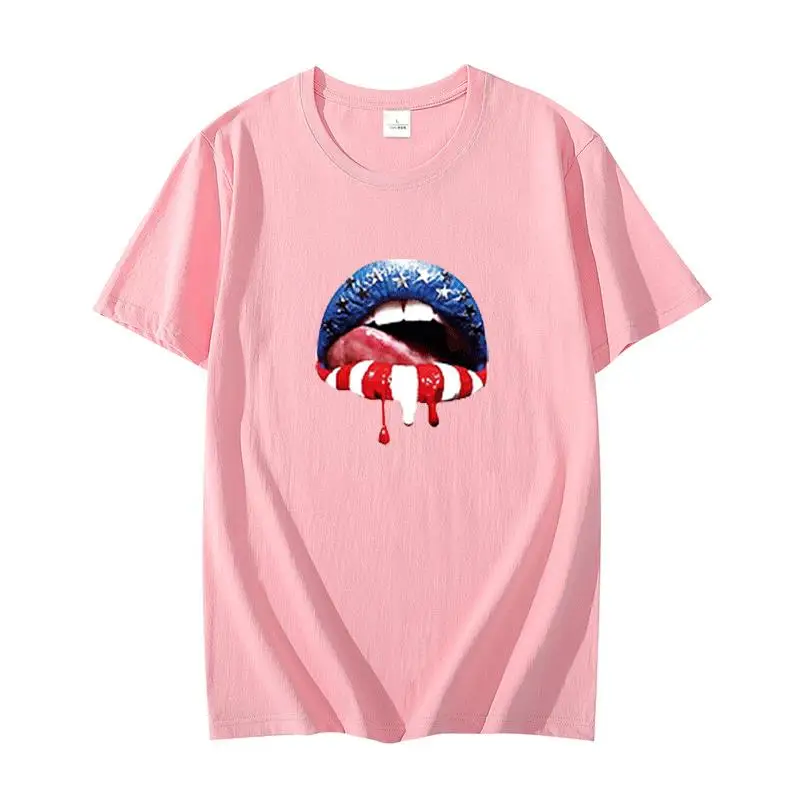 

4th of July Patriotic Hot Lips American Flag Vintage graphic t shirts O-neck T-shirt short sleeve t-shirts Summer Men's clothing