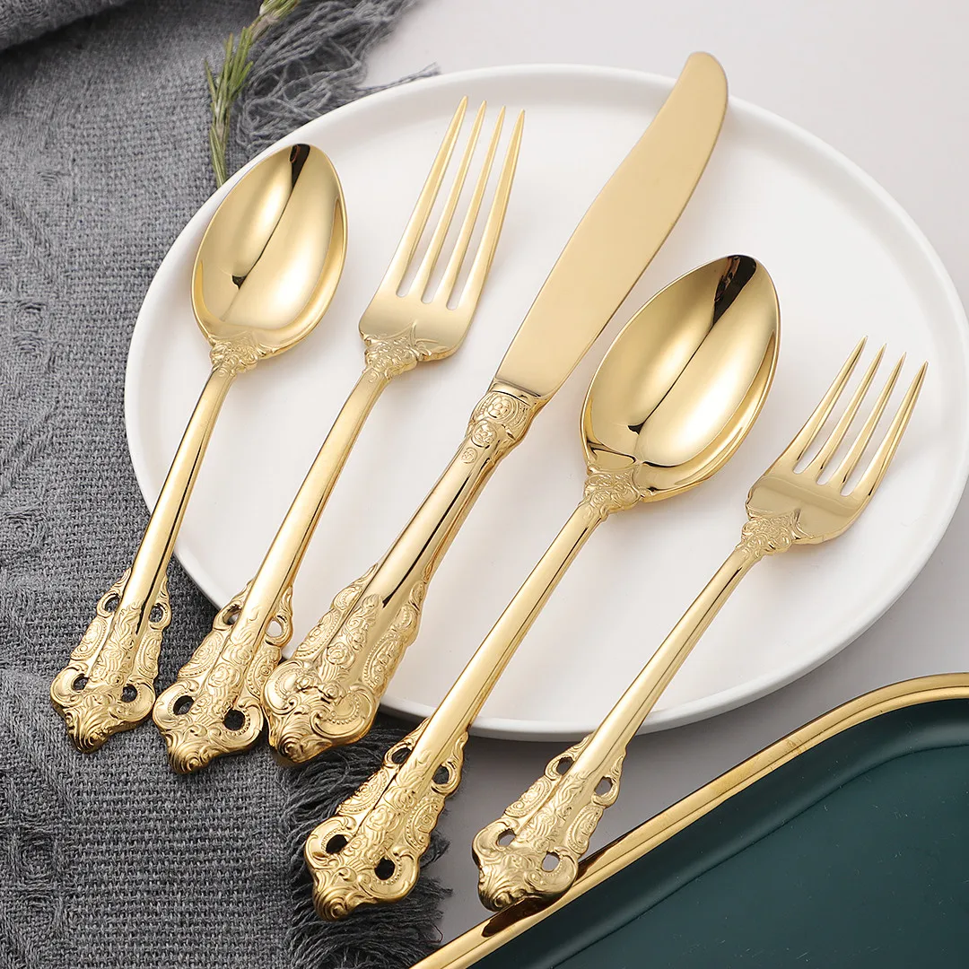 

5pcs Kitchen Cutlery Set Forks Knives Spoons Tableware 18/10 Stainless Steel Dinnerware Set Golden Flatware Set Dishwasher Safe