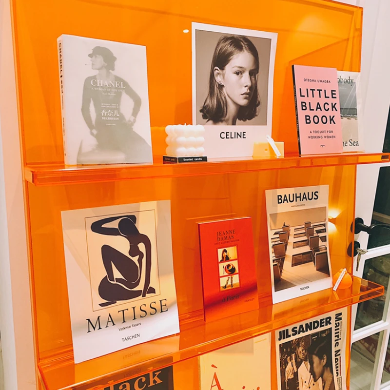 

Customized simple modern wall bookshelf blue-orange acrylic storage magazine rack online celebrity clothing store display displa