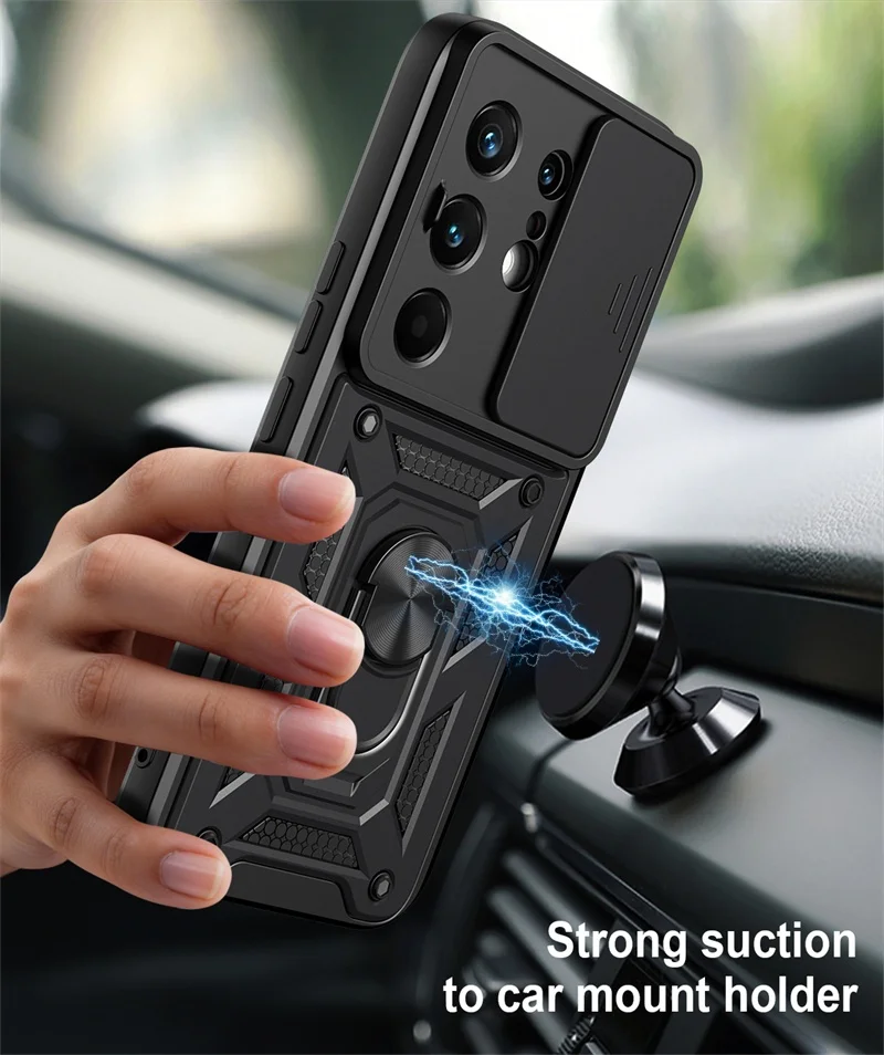 Slide Camera Lens Protection Phone Case with Ultra Ring Stand Hybrid Shockproof Cover