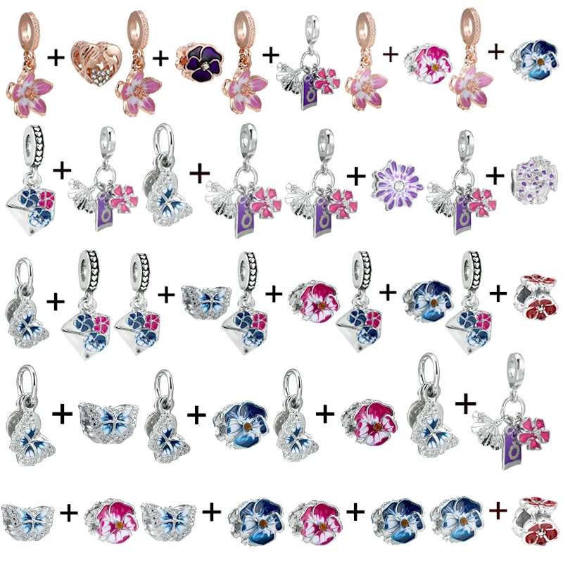 

2Pcs/Lot Pink & Blue Pansy Bead With Envelope Pendants Fit DIY Spring Style Charm Bracelet For Women Fashion Gift Making NEW