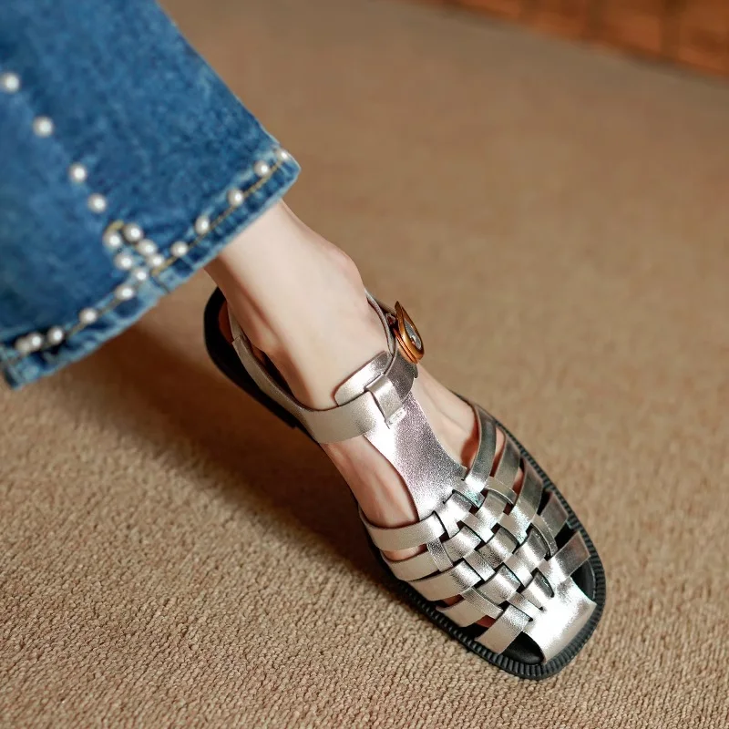 

Closed Toe Vintage Gladiator Shoes Woman Summer Sandal Spring Shoes Buckle Strap Roman Style Siver Gold Sandals Split Leather