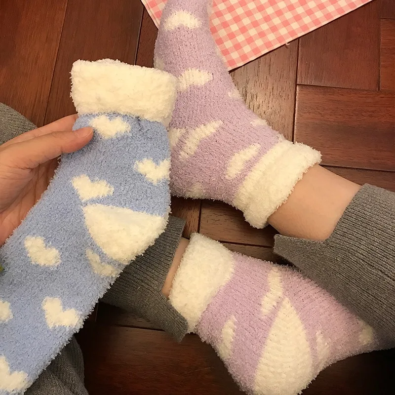 

Coral Velvet Autumn Winter Furry Kawaii Middle Tube Socks Pure Cotton Thickened Warmth Cute Floor Plush Sleep Socks Comfortable