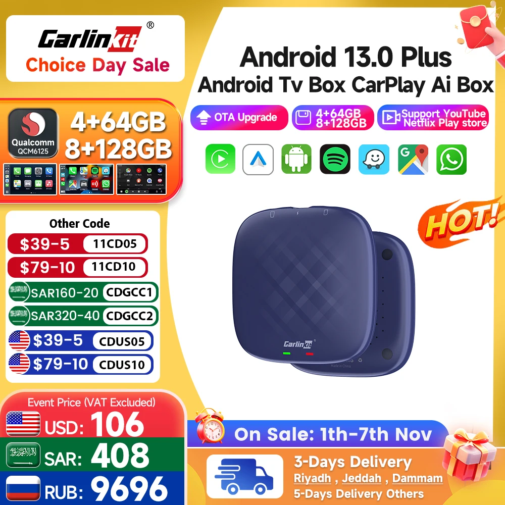 Carlinkit CarPlay Ai TV Box Plus Android13 8+128GB QCM 8-Core 665 
