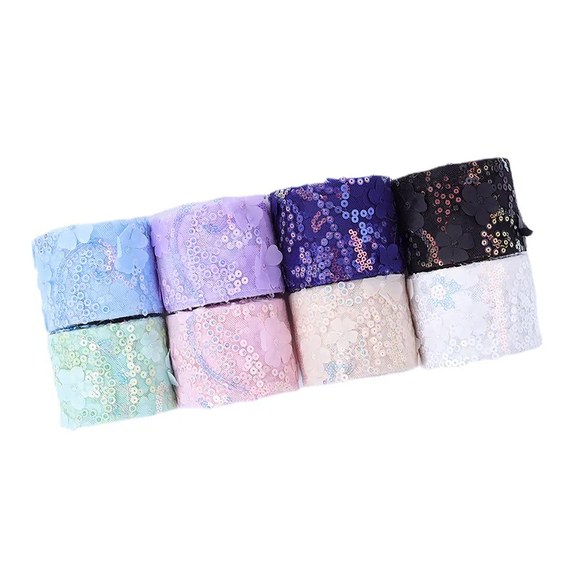 Sequins Decoration Trims Fabric Craft Supplies 10Yards/bag 3D Flower Glitter Tulle Roll Width 6cm Crystal Sequin Organza DIY Craft Tutu Skirt Gift Home Wedding Party Decor