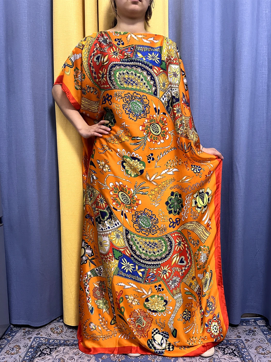 Abayas For Women 2023 Muslim Fashion Orange Silk Printed Floral Loose Femme Robe African Nigeria Soft Summer Dresses With Turban