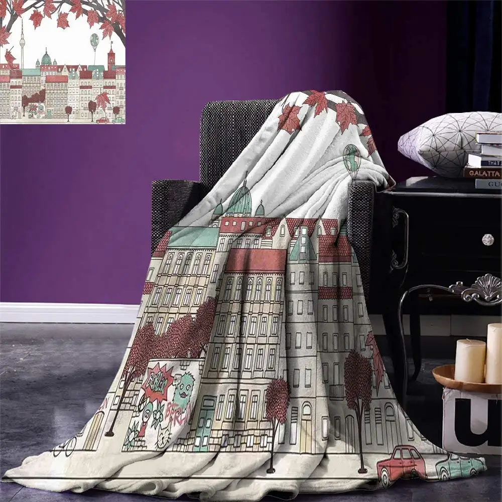 German Throw Blanket Autumn in Berlin Colorful Hand Drawn Illustration