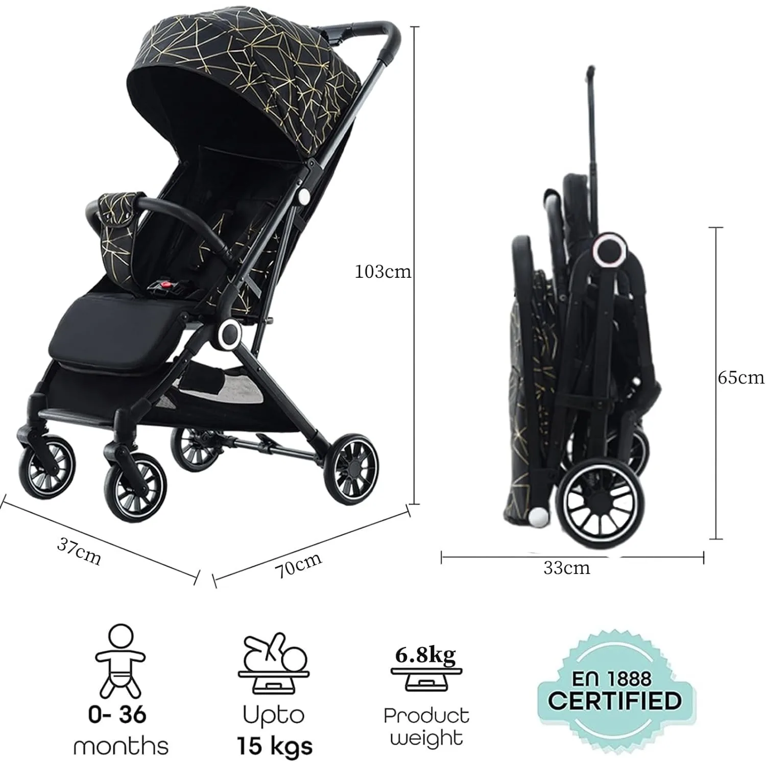 Baby Stroller Lightweight Baby Stroller with Large Canopy Double Brake Travel Stroller for Airplane One-hand Folding Sit and Lying