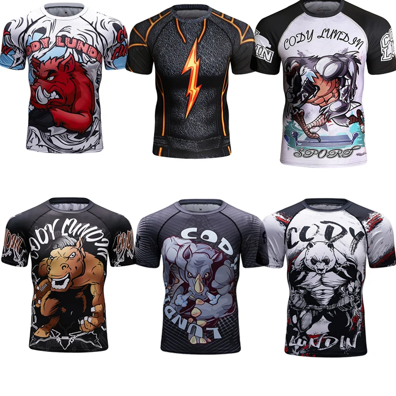 Men Rashguard MMA T-shirt Jiu Jitsu Bjj Kickboxing Compression Boxing Tees