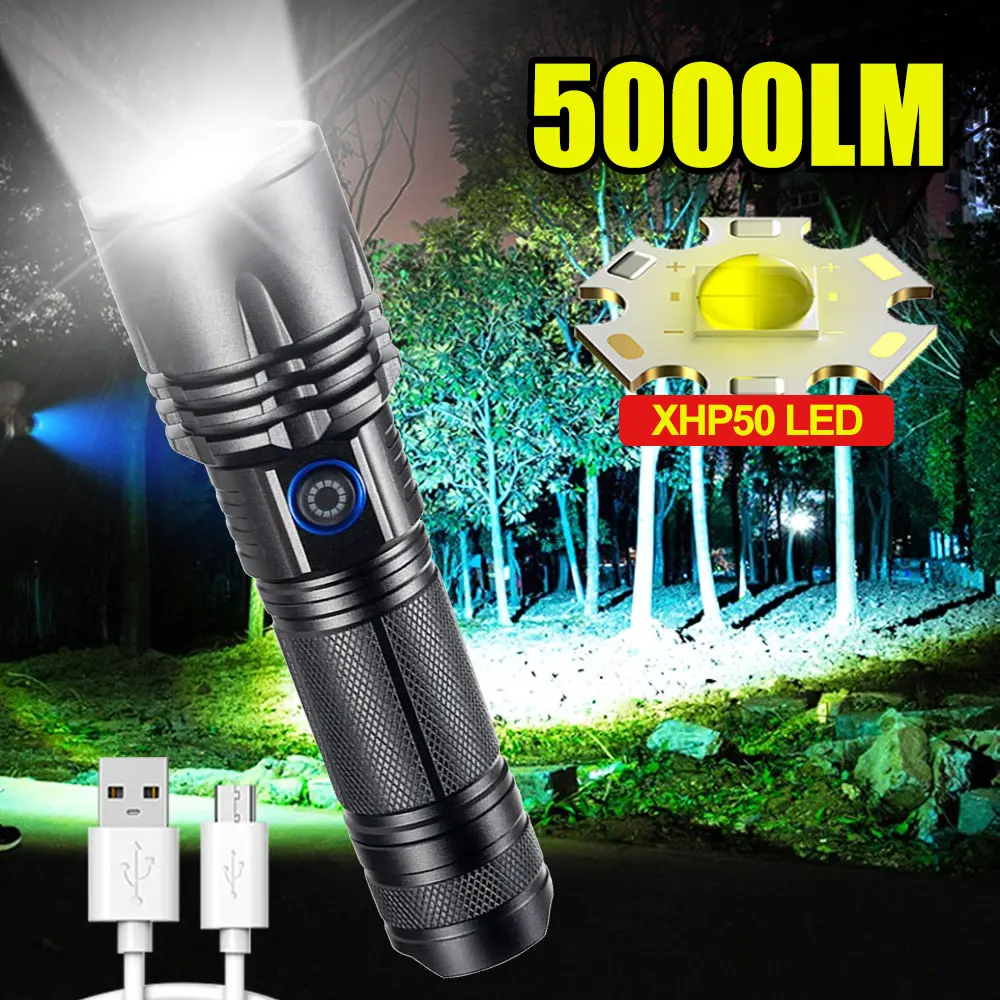 

5000LM XHP50.3 Aluminum Telescopic Zoom Flashlight Power Display USB Charging Outdoor Night Fishing Light Tactical LED Torch